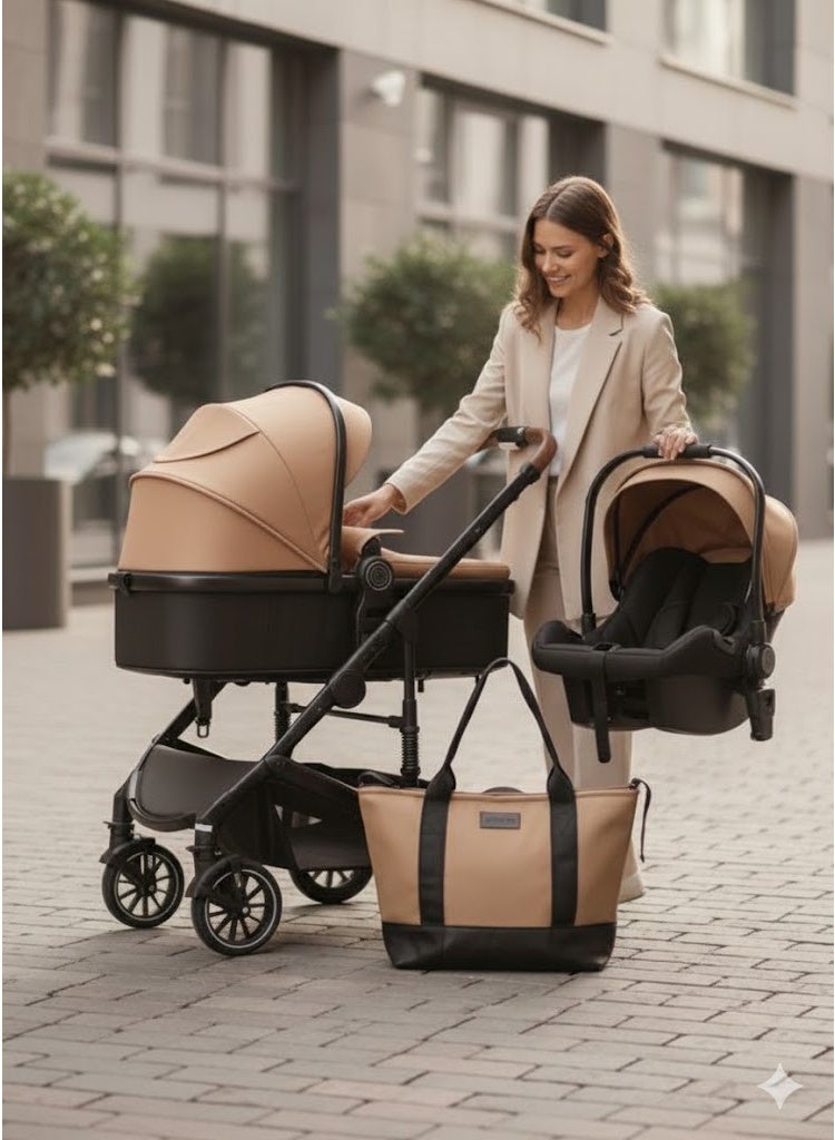 بورباي طقم تنقّل 4-في-1 للمولود الجديد – عربة + مقعد سيارة وشنطة أم – عربة قابلة للطي لجميع التضاريس - Image 4