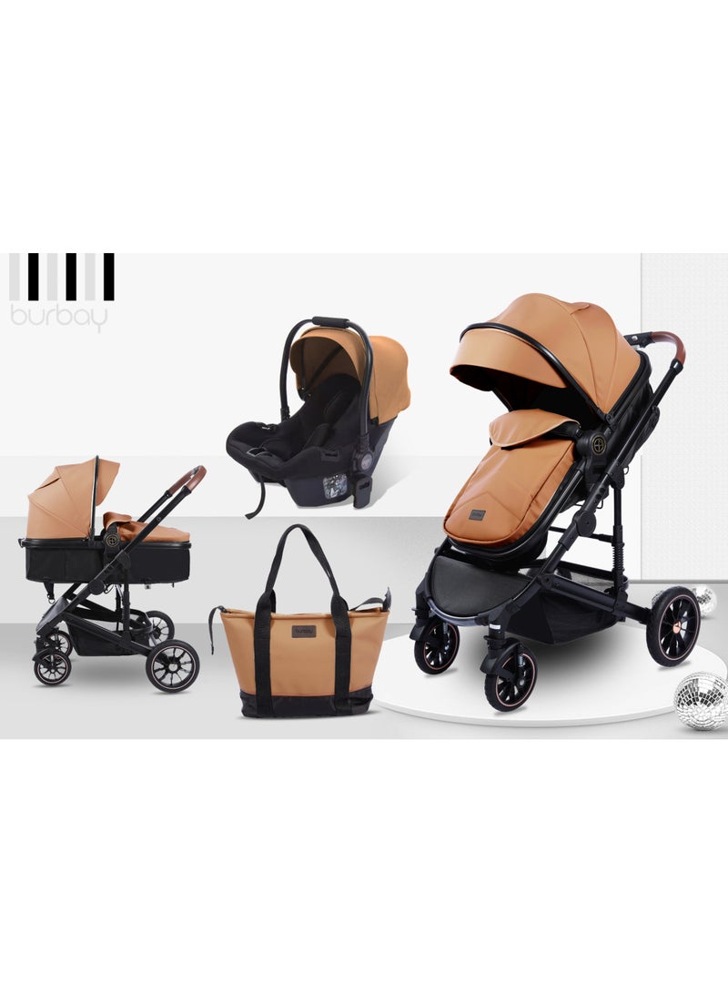بورباي طقم تنقّل 4-في-1 للمولود الجديد – عربة + مقعد سيارة وشنطة أم – عربة قابلة للطي لجميع التضاريس - Image 1