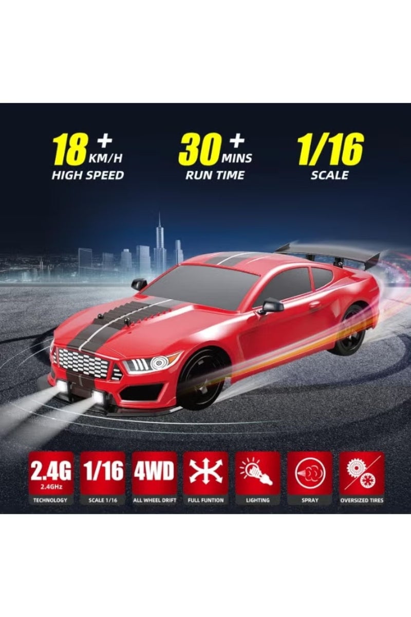 LIMOS RC Drift Car 2.4GHz 1:16 Scale 6WD Remote Control Car with LED Lights, Sprayer, 2 Rechargeable Batteries & Extra Drift Tires – High-Speed Racing Sport RC Car with Removable Shell - Image 3