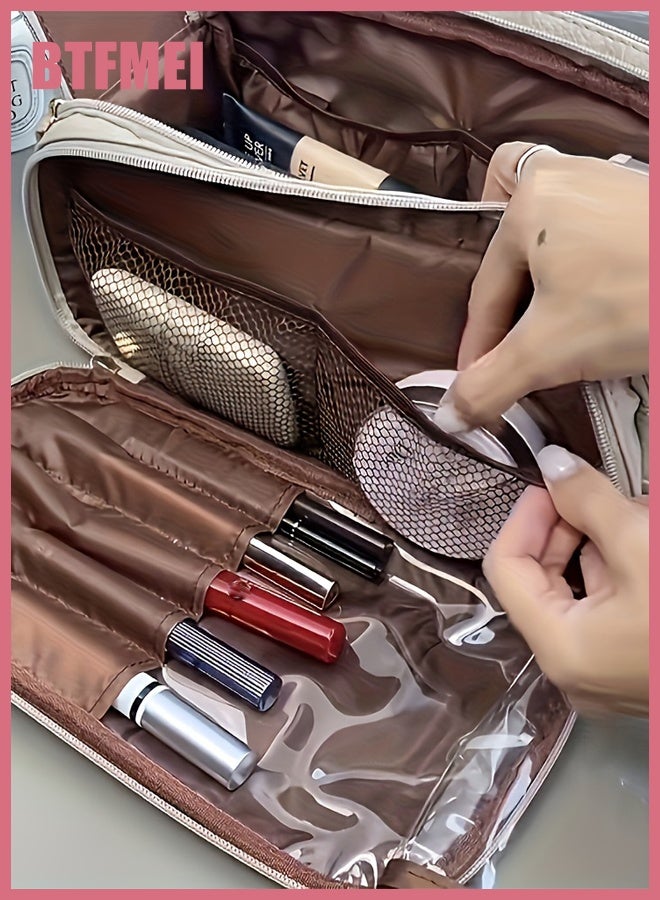 BTFMEI Upgraded Double-Layer Makeup Bag for Women – Large Capacity PU Leather Cosmetic Organizer with Brush Slots & Waterproof TPU Divider, Portable Travel Toiletry Case with Handle for Daily and Travel Use - Image 2