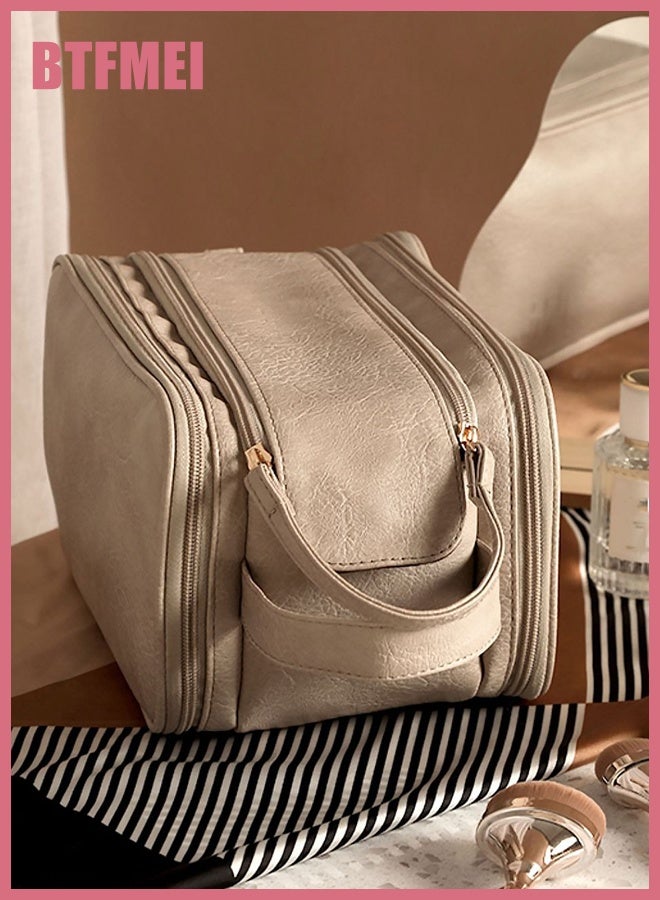 BTFMEI Upgraded Double-Layer Makeup Bag for Women – Large Capacity PU Leather Cosmetic Organizer with Brush Slots & Waterproof TPU Divider, Portable Travel Toiletry Case with Handle for Daily and Travel Use - Image 4