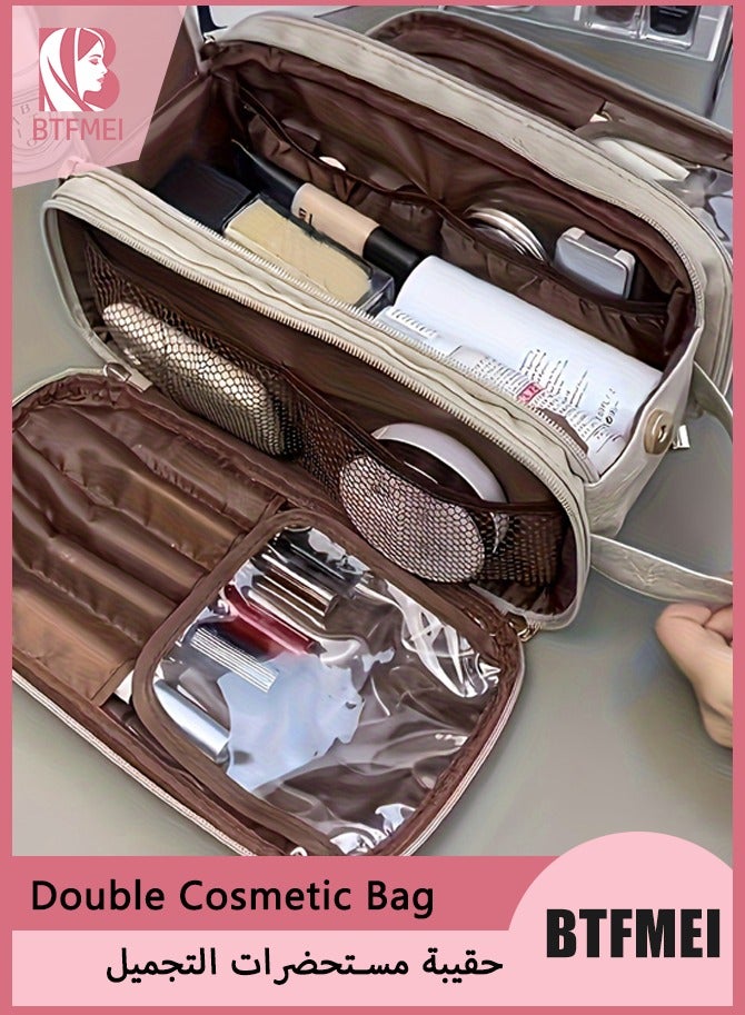 BTFMEI Upgraded Double-Layer Makeup Bag for Women – Large Capacity PU Leather Cosmetic Organizer with Brush Slots & Waterproof TPU Divider, Portable Travel Toiletry Case with Handle for Daily and Travel Use - Image 1