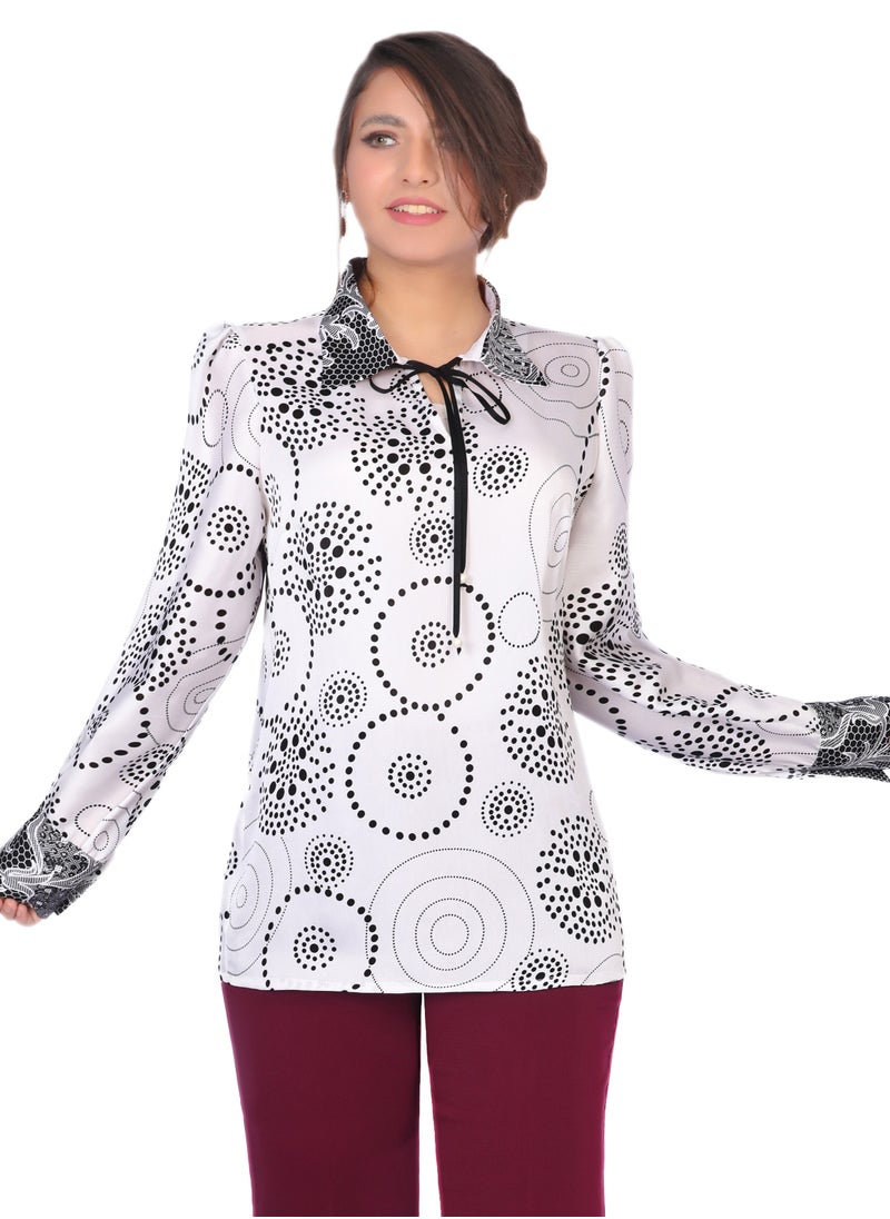 Smoky Egypt - Long Sleeve Printed Faux Silk Blouse - White - Image 1