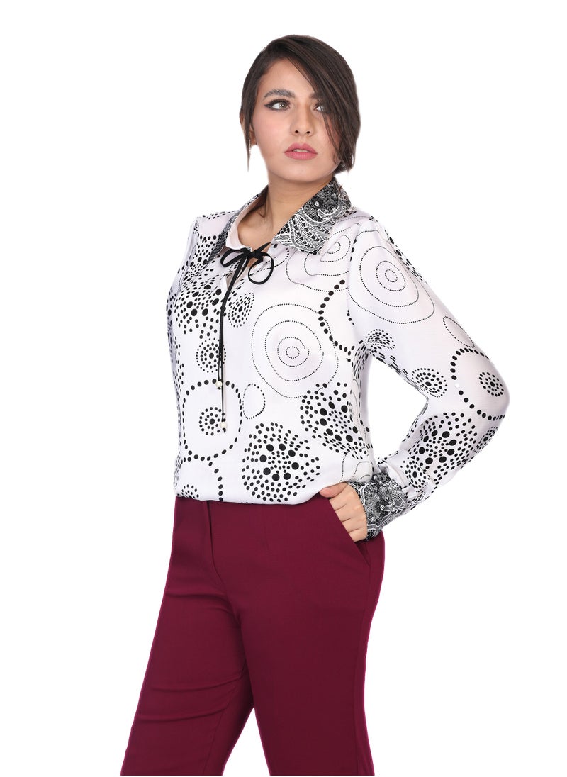 Smoky Egypt - Long Sleeve Printed Faux Silk Blouse - White - Image 1