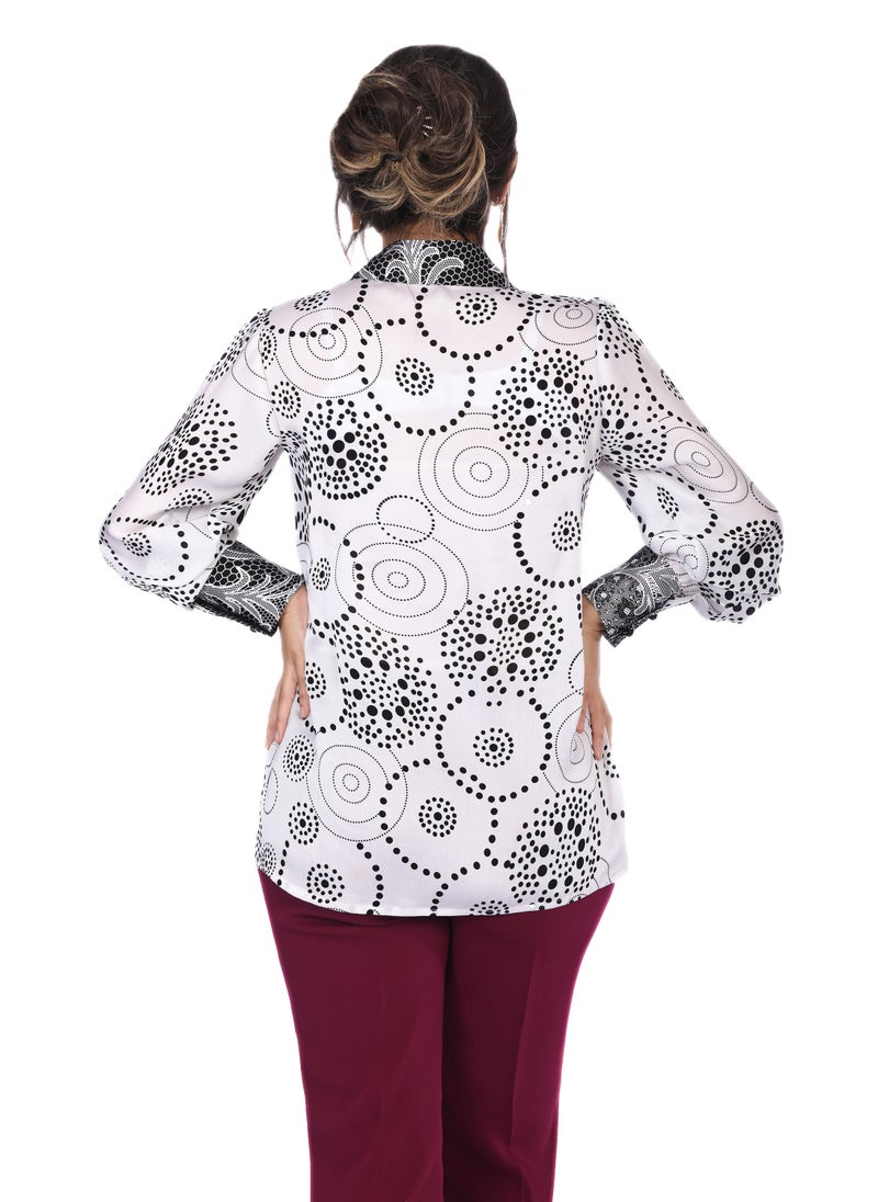 Smoky Egypt - Long Sleeve Printed Faux Silk Blouse - White - Image 1