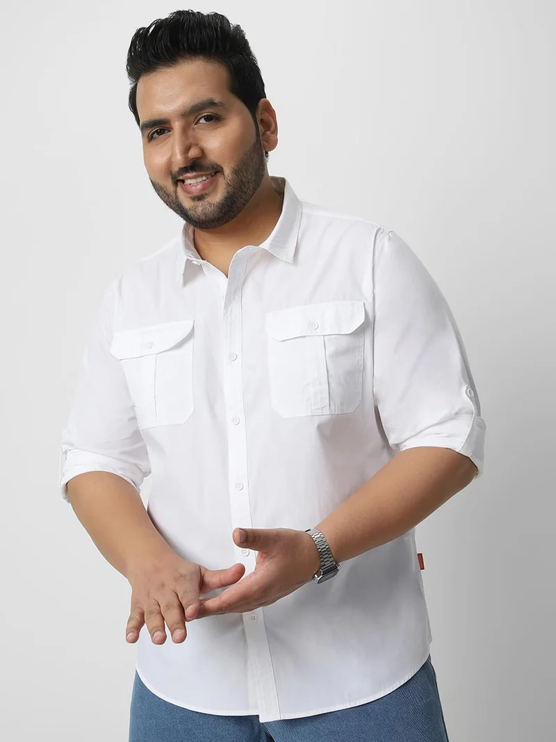 Urbano Plus Men's White Cotton Full Sleeve Regular Fit Casual Solid Shirt