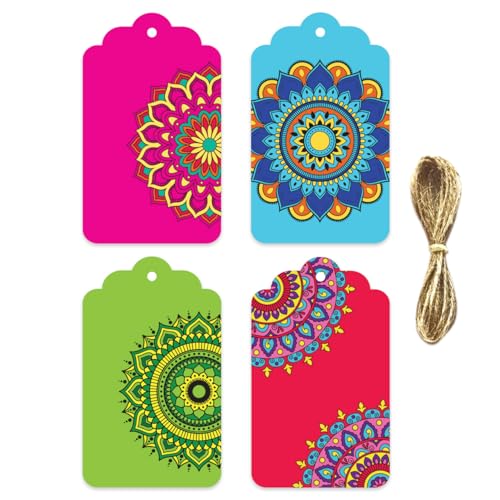 weRevel Mandala Gift Tags – for Weddings, Parties and Festivals - 4 Unique Colorful Designs - 20 Tags, 350 GSM, Gloss Finish, 10 cm x 6 cm, with String - Image 1