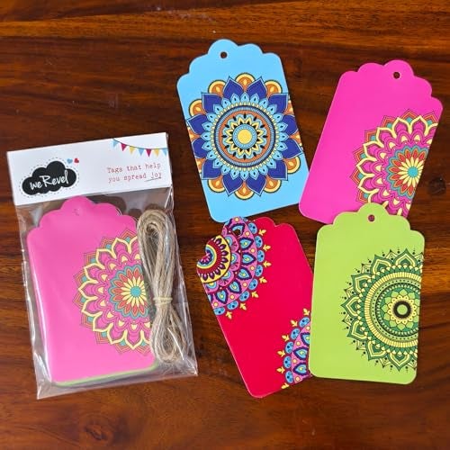 weRevel Mandala Gift Tags – for Weddings, Parties and Festivals - 4 Unique Colorful Designs - 20 Tags, 350 GSM, Gloss Finish, 10 cm x 6 cm, with String - Image 5