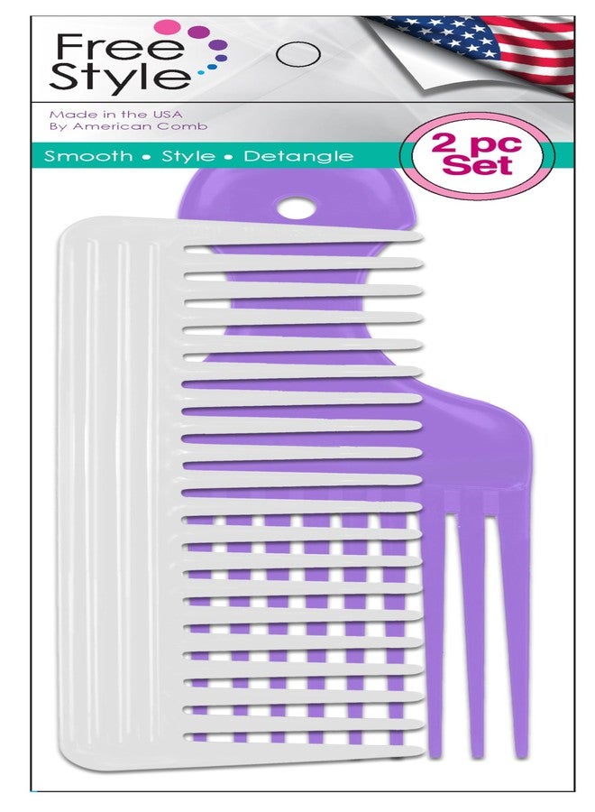 American Comb مجموعة أمشاط فك تشابك الشعر من أمريكان كومب، قطعتان، أبيض وبنفسجي، صنع في الولايات المتحدة الأمريكية - Image 1