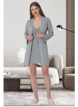 Mecit Pijama Mecit Pajamas Mecit 5625 Ecru Striped Gray Women's Dressing Gown Nightgown Set  - Image 1
