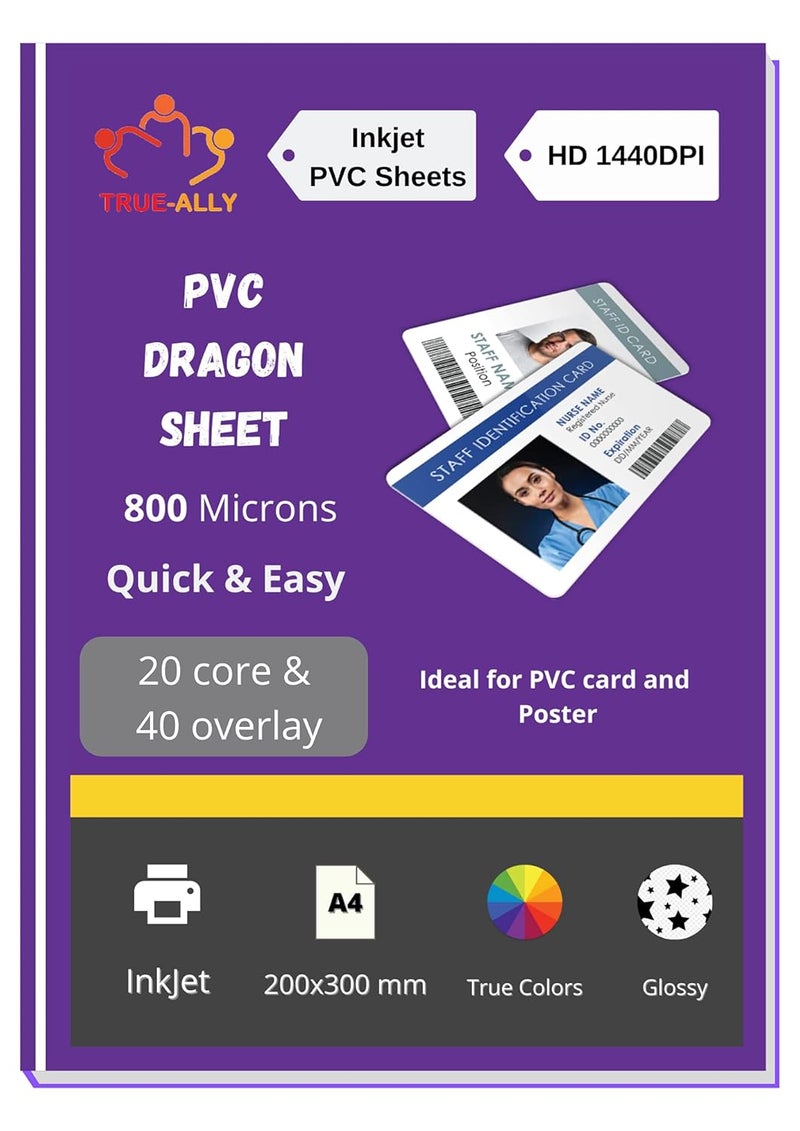 True-Ally ورقة دراجون بتغليف PVC بحجم A4 بسماكة 800 ميكرون لبطاقة Aadhar، الصور، بطاقة الهوية (مجموعة من 20 نواة و40 غلاف) - Image 1