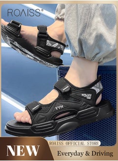 roaiss Casual Open Toe Beach Sandals for Men Letter Pattern Cool Breathable Non-slip Velcro Outdoor Slippers Comfortable Wear-Resistant Shockproof Driving Flat Shoes with Elastic Soft Sole  - Image 1