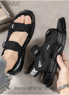 roaiss Casual Open Toe Beach Sandals for Men Letter Pattern Cool Breathable Non-slip Velcro Outdoor Slippers Comfortable Wear-Resistant Shockproof Driving Flat Shoes with Elastic Soft Sole  - Image 2