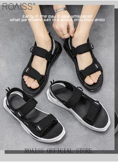 roaiss Casual Open Toe Beach Sandals for Men Letter Pattern Cool Breathable Non-slip Velcro Outdoor Slippers Comfortable Wear-Resistant Shockproof Driving Flat Shoes with Elastic Soft Sole  - Image 3