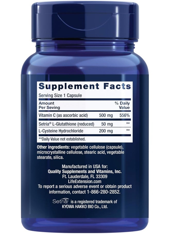 Life Extension Glutathione Cysteine & C Antioxidant with Vitamin C Amino Acids & L-Cysteine For Immune & Liver Support Detox & Skin Whitening Dark Spots Anti-Aging Gluten Free & Non-GMO, 100 Capsules