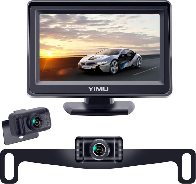 YIMU Backup Camera System with 4.3" Monitor, License Plate Reverse Camera, Night Vision, IP69K Waterproof, Dual Bracket Installation - Image 1