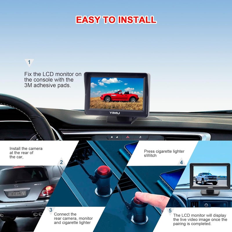 YIMU Backup Camera System with 4.3" Monitor, License Plate Reverse Camera, Night Vision, IP69K Waterproof, Dual Bracket Installation - Image 2