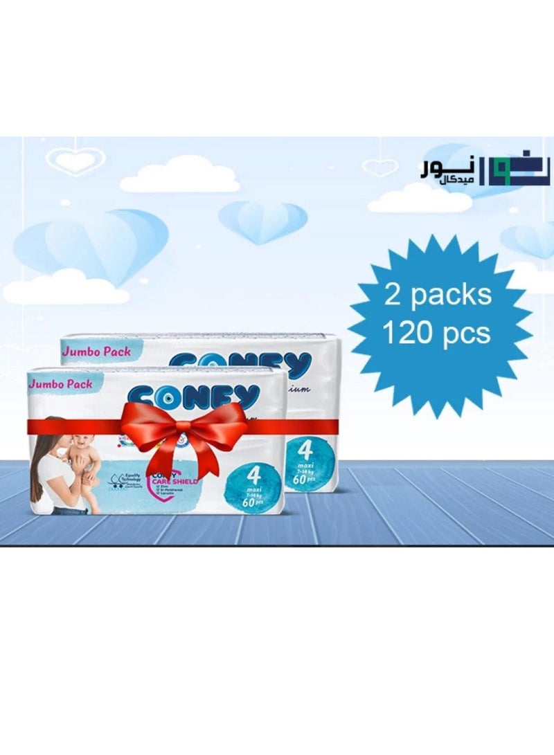 Confy Premium Baby Diapers Jumbo Pack Size 4 (7–14 kg) – 2 Packs, 120 pcs