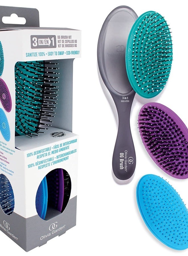 Olivia Garden OG Detangler Brush 3-in-1 kit, removable cushion, scalp hugging massages the scalp, 1 body, 3 cushions (2 detanglers and 1 styler), for wet or dry hair, for women, men and children - Image 1