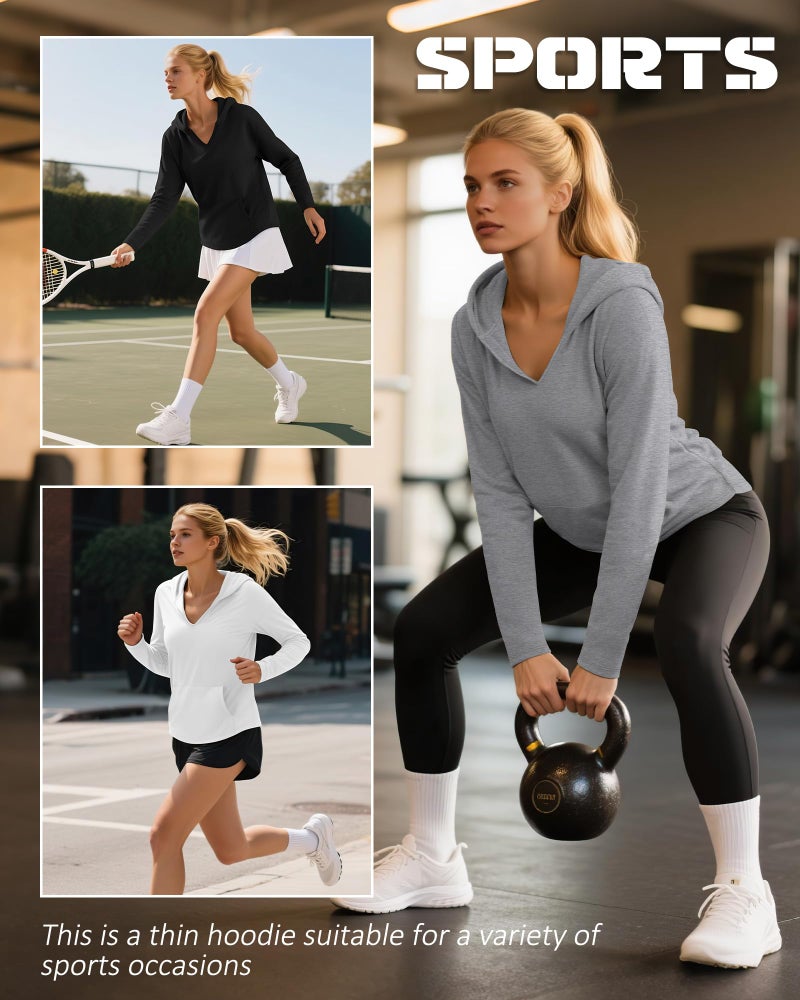 Evervibe 3 Pack Women's Long Sleeve Hoodies V Neck Curved Hem Sweatshirts Casual Loose Fit Lightweight Workout Fall Pullovers(White, Gray, Black,Large) - Image 2