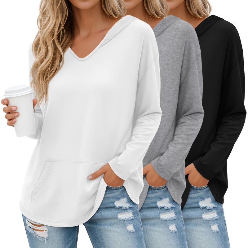 Evervibe 3 Pack Women's Long Sleeve Hoodies V Neck Curved Hem Sweatshirts Casual Loose Fit Lightweight Workout Fall Pullovers(White, Gray, Black,Large) - Image 1