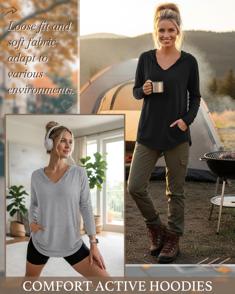 Evervibe 3 Pack Women's Long Sleeve Hoodies V Neck Curved Hem Sweatshirts Casual Loose Fit Lightweight Workout Fall Pullovers(White, Gray, Black,Large) - Image 3