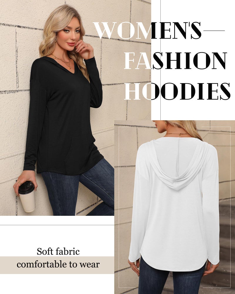 Evervibe 3 Pack Women's Long Sleeve Hoodies V Neck Curved Hem Sweatshirts Casual Loose Fit Lightweight Workout Fall Pullovers(White, Gray, Black,Large) - Image 4