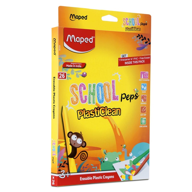 Maped Color'Peps PlastiClean Erasable Plastic Crayons Set - Pack of 26, Multicolor, 862526 - Image 1