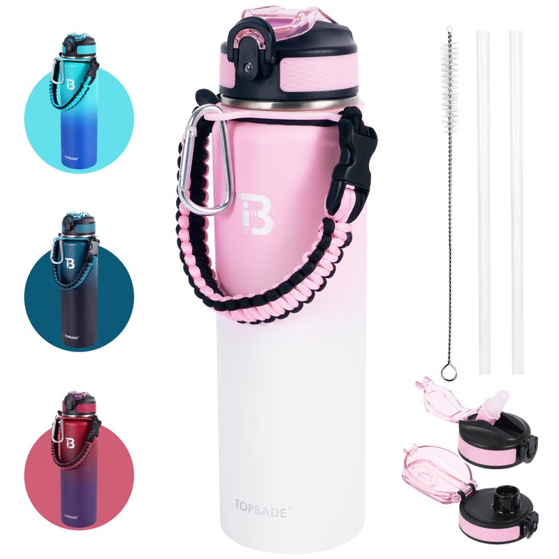 TOPBADE 24oz Insulated Sports Water Bottle, 2 Lids(with Straw/No Straw) Stainless Steel Water Bottles with Removable Paracord Handle, Leakproof BPA Free Metal Insulated Flask - Image 1