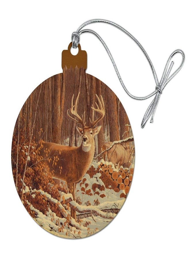 GRAPHICS & MORE Deer Behind Cabin at Woodpile Wood Christmas Tree Holiday Ornament - Image 1