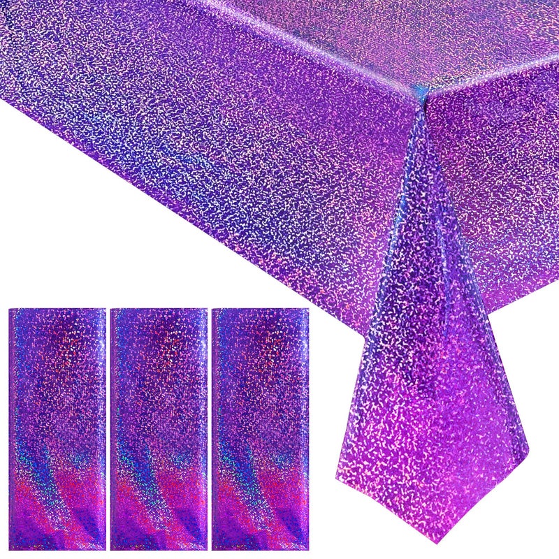 Just Shimmer 3 pcs Purple Holographic Laser Tablecloths Iridescence Shiny Table Covers 40" x 108" Foil Disposable Rectangle Table cloths for Halloween Bachelorette Birthday Party Wedding Anniversary Decor - Image 1