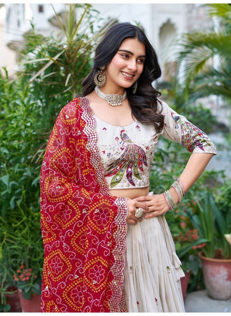 Super Asian Designer Tissue Silk Lehenga Choli with Heavy Bandhej Georgette Dupatta – 7mm Sequin & Thread Embroidery | Fully Stitched  - Image 3