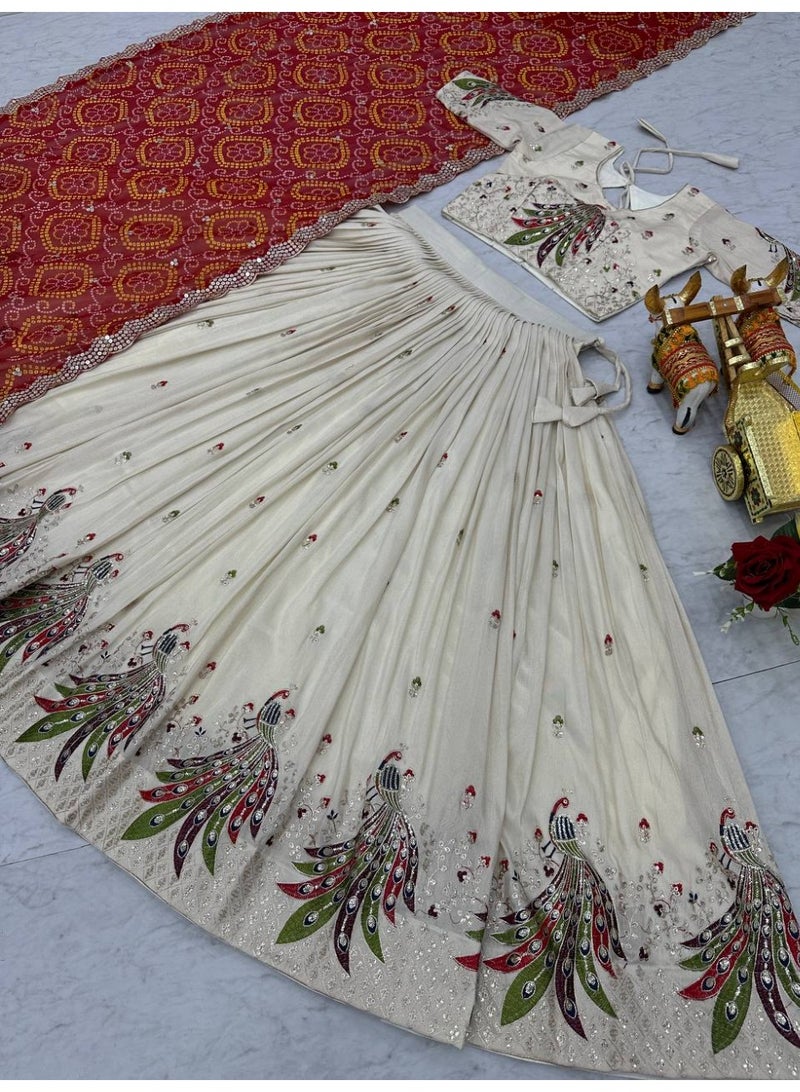 Super Asian Designer Tissue Silk Lehenga Choli with Heavy Bandhej Georgette Dupatta – 7mm Sequin & Thread Embroidery | Fully Stitched  - Image 5