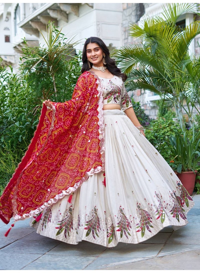 Super Asian Designer Tissue Silk Lehenga Choli with Heavy Bandhej Georgette Dupatta – 7mm Sequin & Thread Embroidery | Fully Stitched  - Image 4