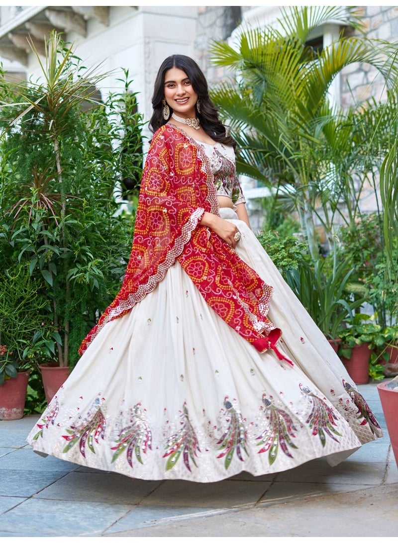 Super Asian Designer Tissue Silk Lehenga Choli with Heavy Bandhej Georgette Dupatta – 7mm Sequin & Thread Embroidery | Fully Stitched  - Image 1