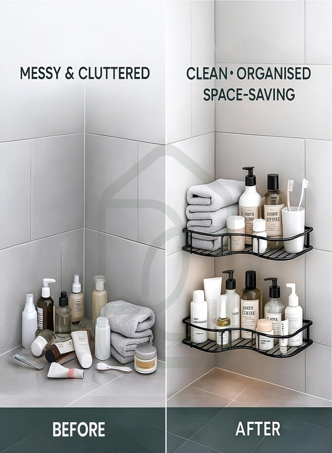 CLOCOR Bathroom Organiser Without Drill Metal Corner Shelf Rack Self Adhesive Bathroom Shelf Wall Mounted Storage Holder Stand Accessories Set Kitchen Organizer Black (Set 2) - Image 3
