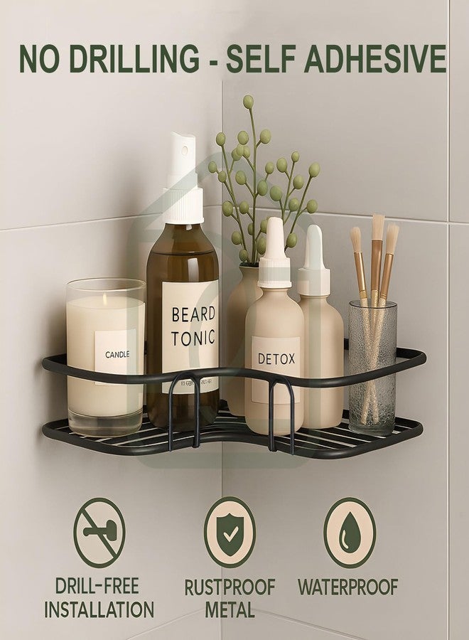 CLOCOR Bathroom Organiser Without Drill Metal Corner Shelf Rack Self Adhesive Bathroom Shelf Wall Mounted Storage Holder Stand Accessories Set Kitchen Organizer Black (Set 2) - Image 2