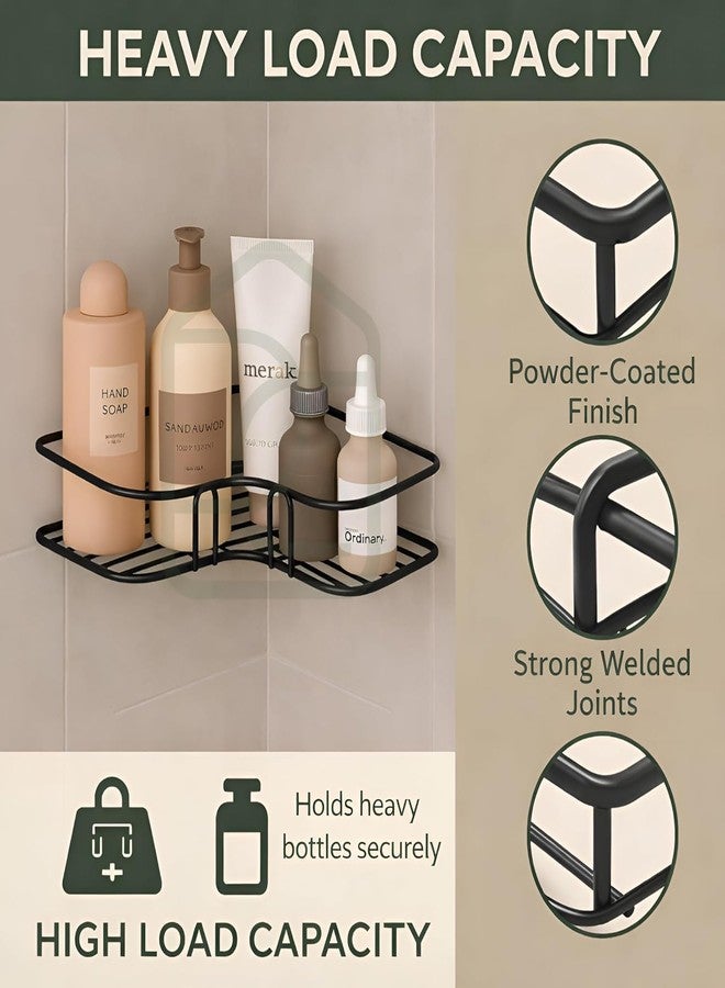 CLOCOR Bathroom Organiser Without Drill Metal Corner Shelf Rack Self Adhesive Bathroom Shelf Wall Mounted Storage Holder Stand Accessories Set Kitchen Organizer Black (Set 2) - Image 5