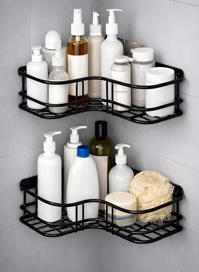 CLOCOR Bathroom Organiser Without Drill Metal Corner Shelf Rack Self Adhesive Bathroom Shelf Wall Mounted Storage Holder Stand Accessories Set Kitchen Organizer Black (Set 2) - Image 1