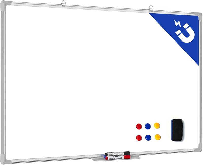 SKY-TOUCH Whiteboard Magnetic 90X120Cm, Wall Mounted White Board With Pen Tray, Mountable Dry Erase Wipe Whiteboards For Home Office School Notice Board With 3 Markers, 6 Magnets, 1 Eraser - Image 1