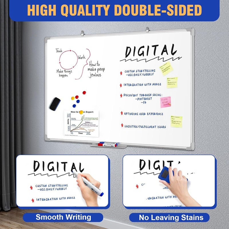 SKY-TOUCH Whiteboard Magnetic 90X120Cm, Wall Mounted White Board With Pen Tray, Mountable Dry Erase Wipe Whiteboards For Home Office School Notice Board With 3 Markers, 6 Magnets, 1 Eraser - Image 3