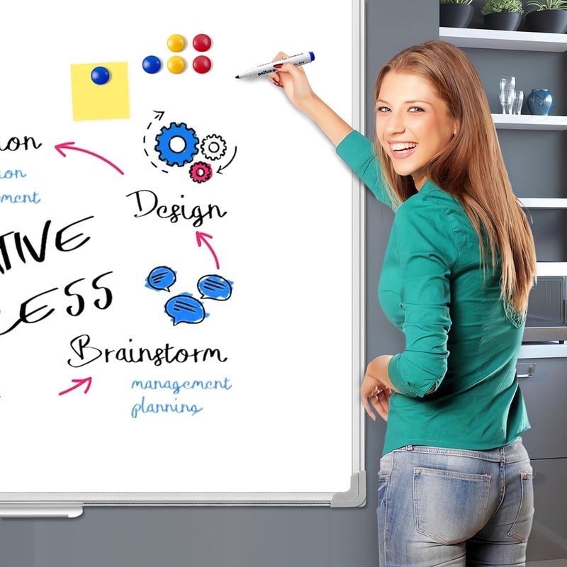 SKY-TOUCH Whiteboard Magnetic 90X120Cm, Wall Mounted White Board With Pen Tray, Mountable Dry Erase Wipe Whiteboards For Home Office School Notice Board With 3 Markers, 6 Magnets, 1 Eraser - Image 2