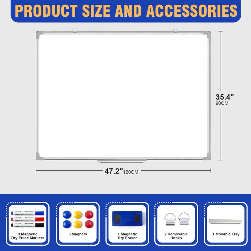 SKY-TOUCH Whiteboard Magnetic 90X120Cm, Wall Mounted White Board With Pen Tray, Mountable Dry Erase Wipe Whiteboards For Home Office School Notice Board With 3 Markers, 6 Magnets, 1 Eraser - Image 4