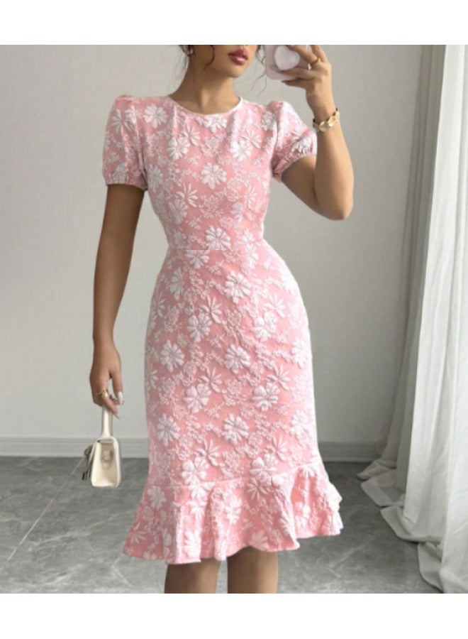 Pink Summer Short-sleeve Slim-fit Hip-hugging Fashionable Casual Versatile Dress