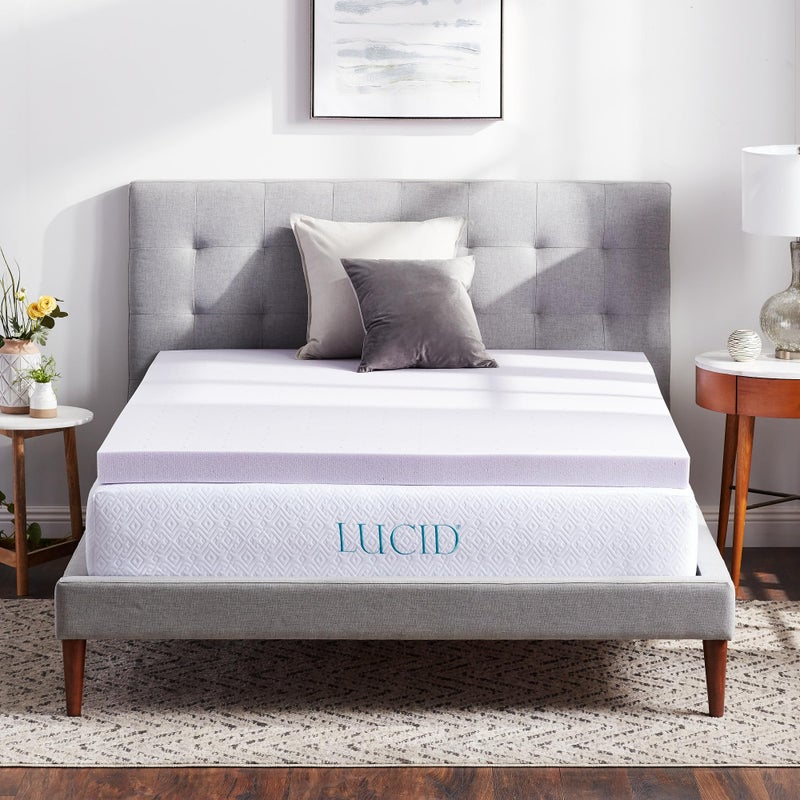 Lucid 3 Inch Lavender Memory Foam Mattress Topper, Queen Size â€“ Essential Oil Infusion â€“ Deep Plush Feel, Pressure-Relieving Bed Topper â€“ Ventilated and Breathable â€“ CertiPur Certified - Image 1