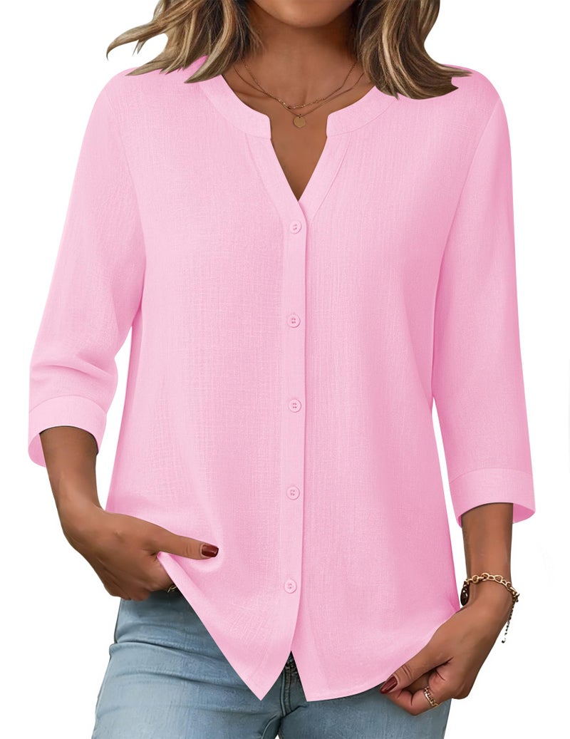 Zeagoo Tops for Women Linen Summer Button Up Cute Cotton 3/4 Sleeved Blouses for Ladies Work Shirts 2026 Pink M - Image 1
