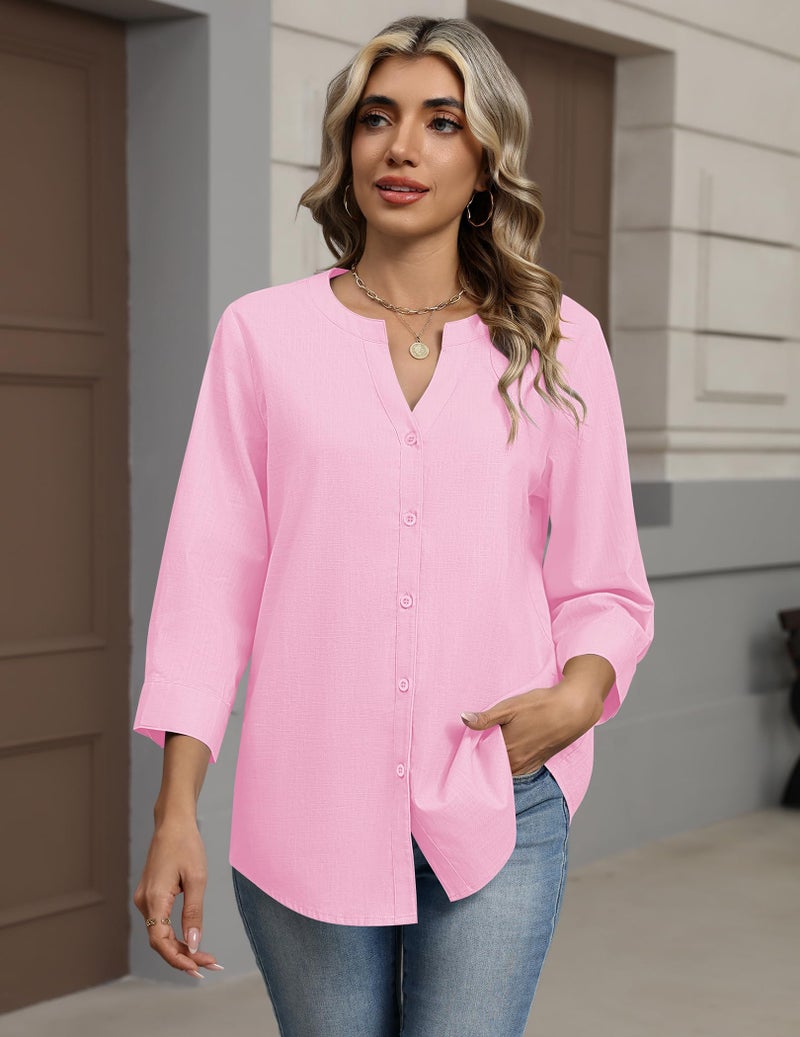 Zeagoo Tops for Women Linen Summer Button Up Cute Cotton 3/4 Sleeved Blouses for Ladies Work Shirts 2026 Pink M - Image 3