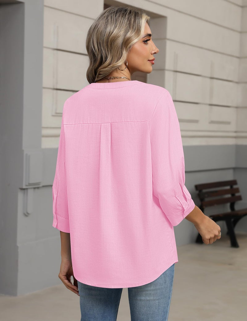 Zeagoo Tops for Women Linen Summer Button Up Cute Cotton 3/4 Sleeved Blouses for Ladies Work Shirts 2026 Pink M - Image 4