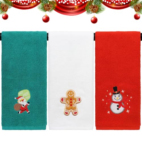 ORNACELE 3 Pack Large Size Christmas Hand Towels, 13.4 x 29.1 inch 100% Thick Cotton Christmas Kitchen Towels, Gingerbread Man Santa Snowmen Decorative Embroidery Holiday Bath Towels Sets - Image 1