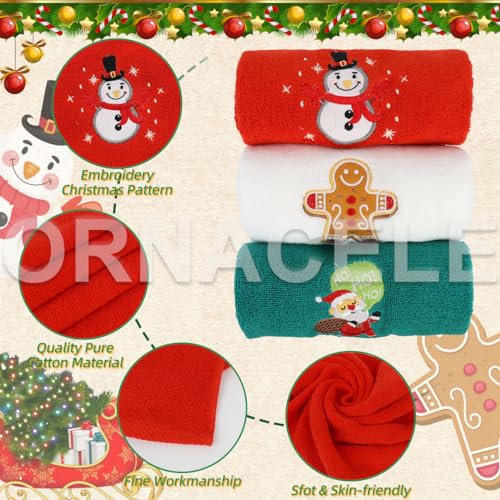 ORNACELE 3 Pack Large Size Christmas Hand Towels, 13.4 x 29.1 inch 100% Thick Cotton Christmas Kitchen Towels, Gingerbread Man Santa Snowmen Decorative Embroidery Holiday Bath Towels Sets - Image 3